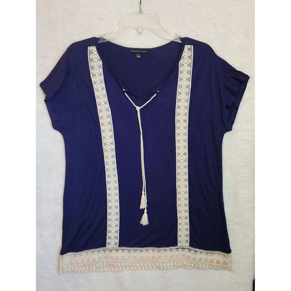 Signature Studio Navy V-Neck Top with Cream Lace Trim and Tassels Size Large